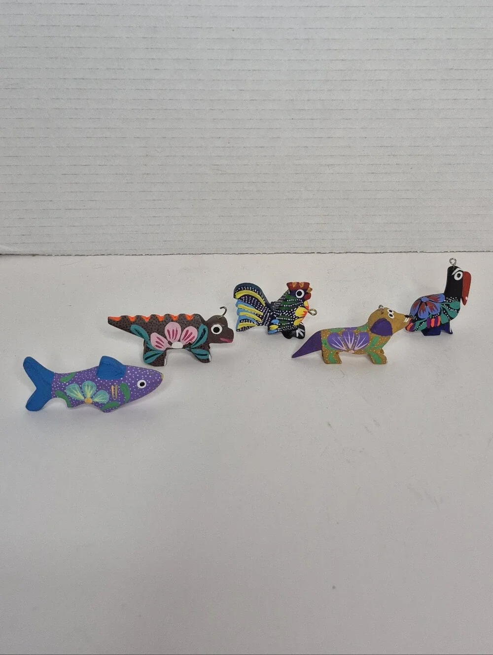 Colorful Handpainted Wood Animal Ornament Lot of Five READ